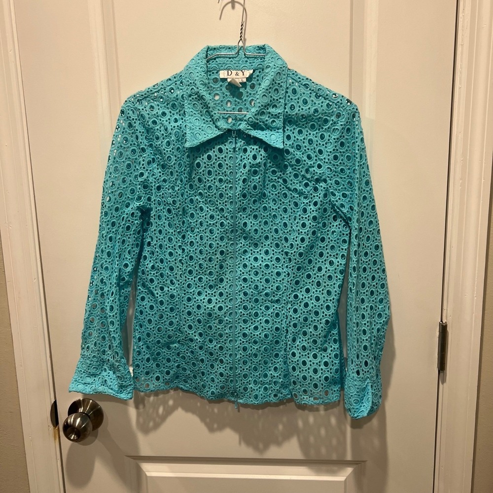 D & Y Womens Zip Up Eyelet Shirt Cotton Geometric Turquoise Blue Size L